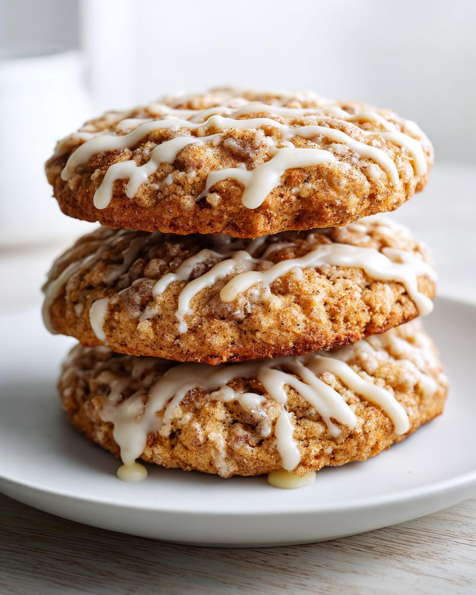 A stack of three soft coffee cake cookies drizzled generously with white vanilla glaze.