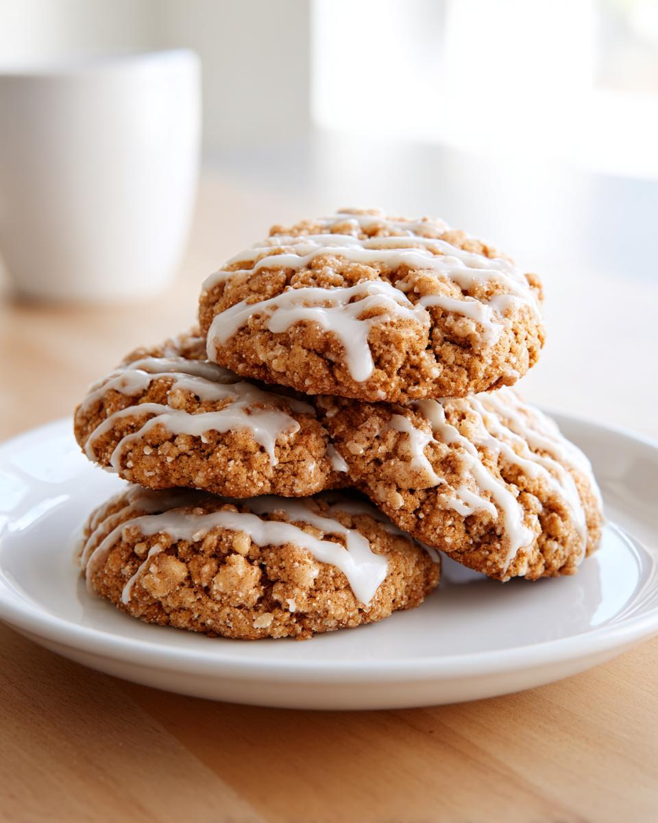 A stack of four amazing coffee cake cookies drizzled with white vanilla glaze on a white plate.