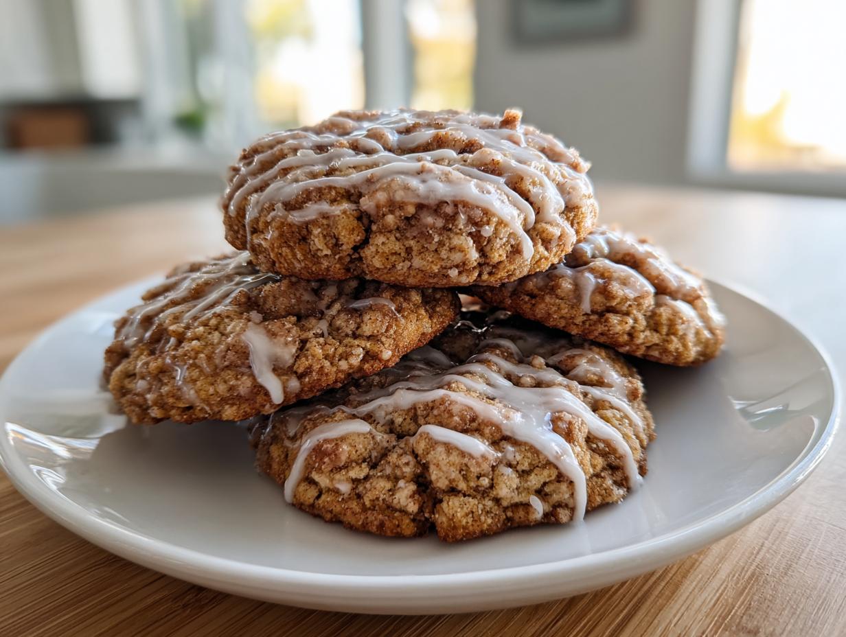 A stack of four amazing coffee cake cookies drizzled with white vanilla glaze on a white plate.
