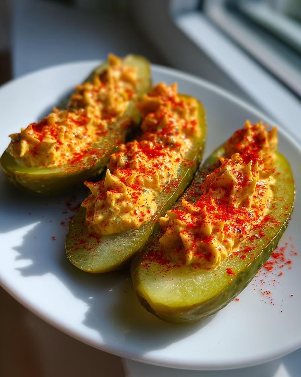 Four halves of dill pickles filled with creamy yellow filling, sprinkled with bright red paprika, served on a white plate.