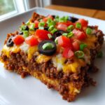 A thick slice of amazing mexican pizza showing layers of seasoned beef, melted cheese, diced tomatoes, black olives, and green onions.