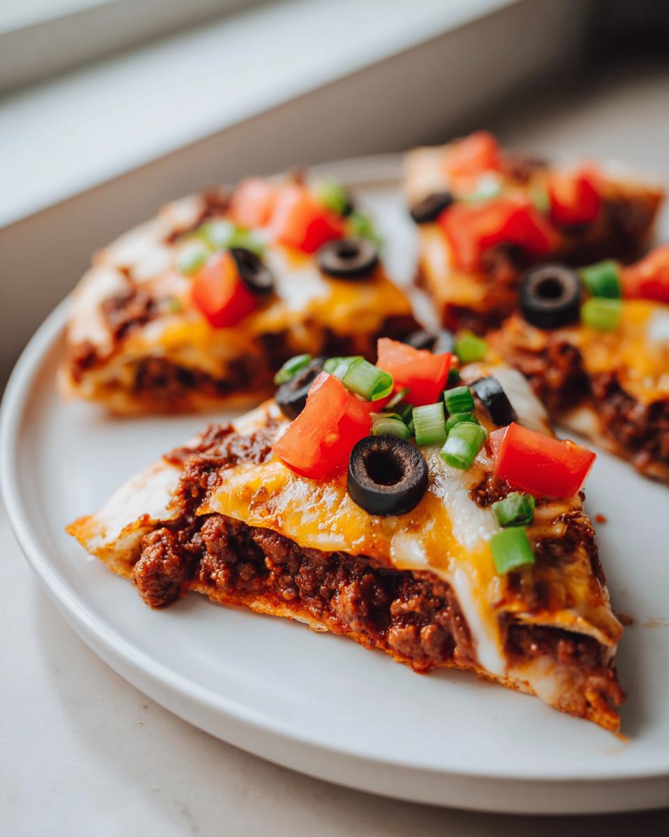 Close-up of slices of amazing mexican pizza topped with seasoned ground beef, melted cheese, tomatoes, olives, and green onions.
