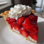 A close-up shot of a perfect slice of strawberry pie topped with fresh whipped cream.