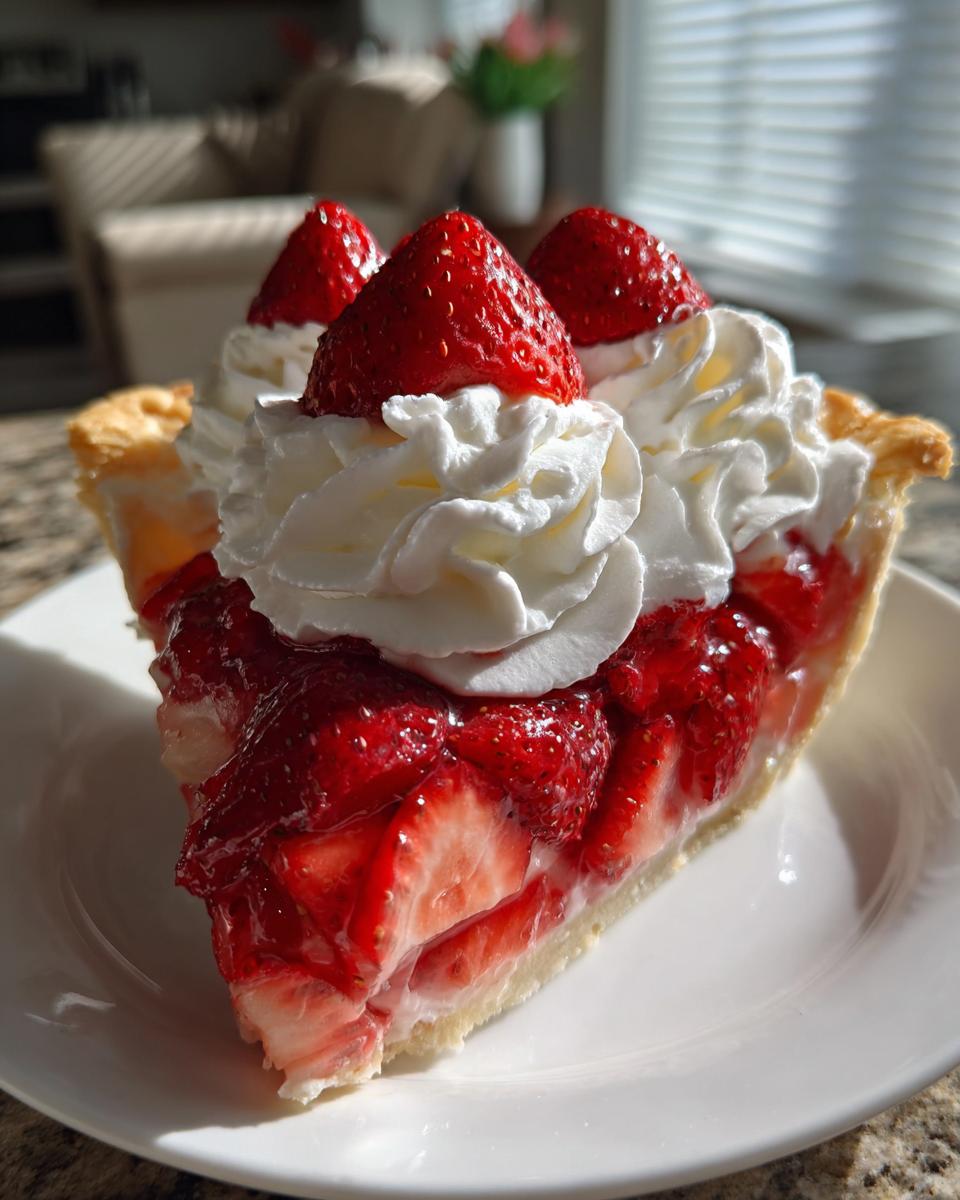 A generous slice of strawberry pie topped with mounds of whipped cream and whole fresh strawberries.