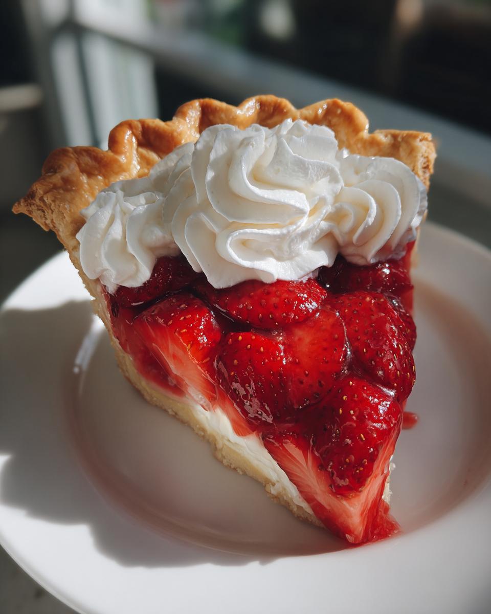 A perfect slice of strawberry pie topped with fresh whipped cream, sitting on a white plate.