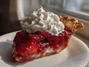 A close-up of a delicious slice of strawberry pie topped with a generous swirl of whipped cream on a white plate.