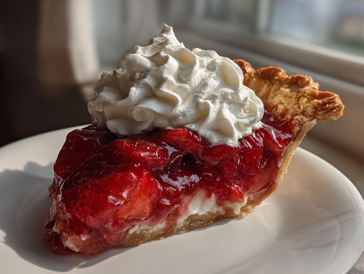 A close-up of a delicious slice of strawberry pie topped with a generous swirl of whipped cream on a white plate.