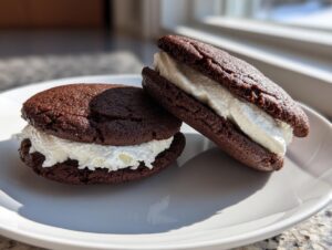 Two delicious chocolate whoopie pies filled with thick white cream filling sitting on a white plate.