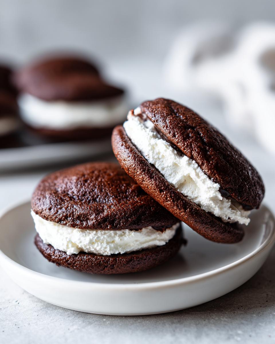 Two decadent chocolate whoopie pies filled with thick white cream frosting, resting on a white plate.