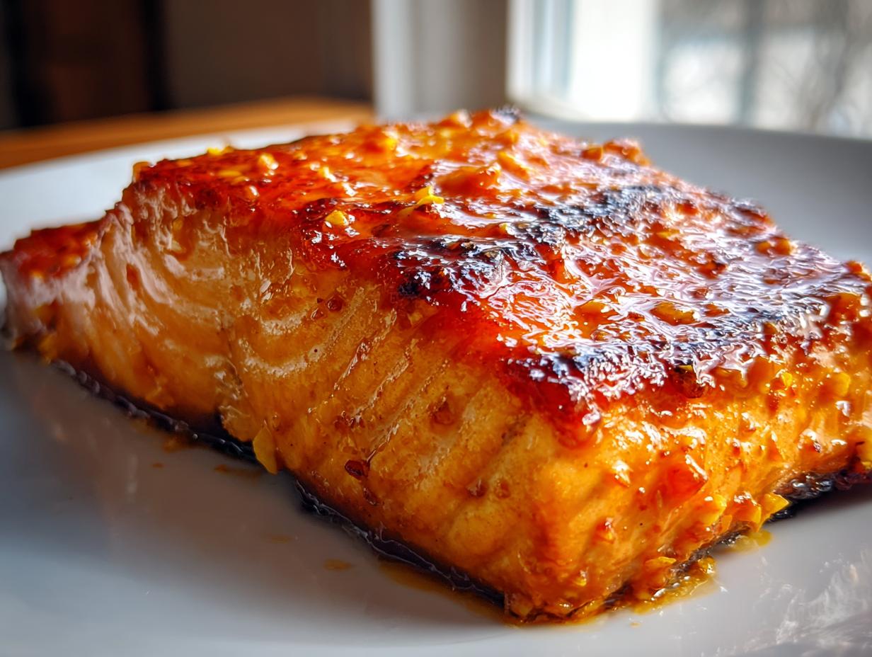 Close-up of a perfectly cooked fillet of Bang Bang Salmon, covered in a thick, glossy orange-red sauce.