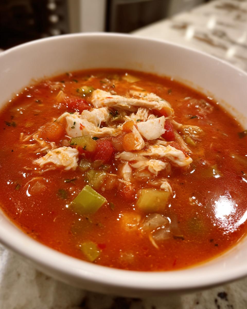 Close-up of a steaming bowl of bright red maryland crab soup topped with generous flakes of white crab meat and vegetables.