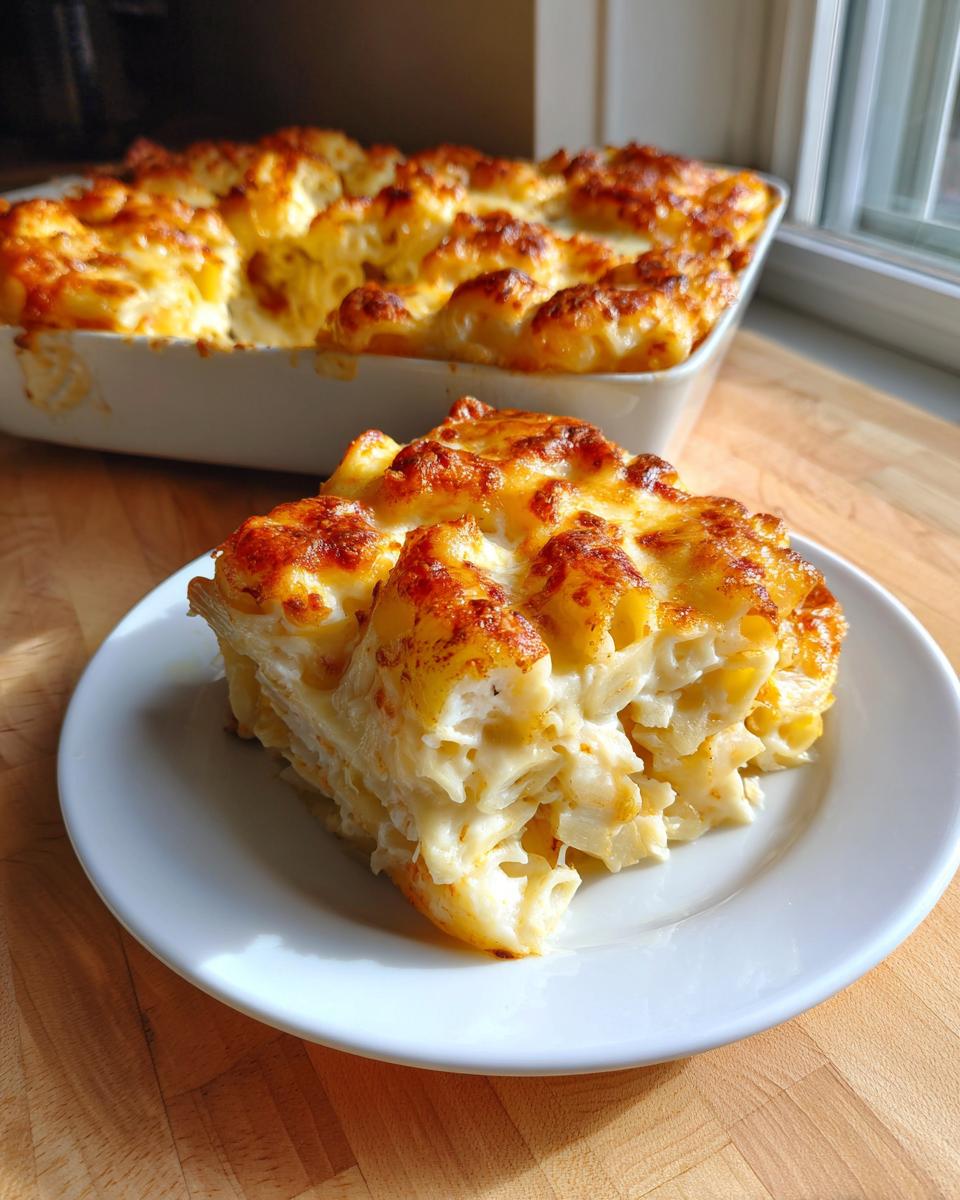 A generous slice of cheesy pasta bake with a golden-brown crust served on a white plate, with the rest of the shrimp scampi pasta bake in the background.