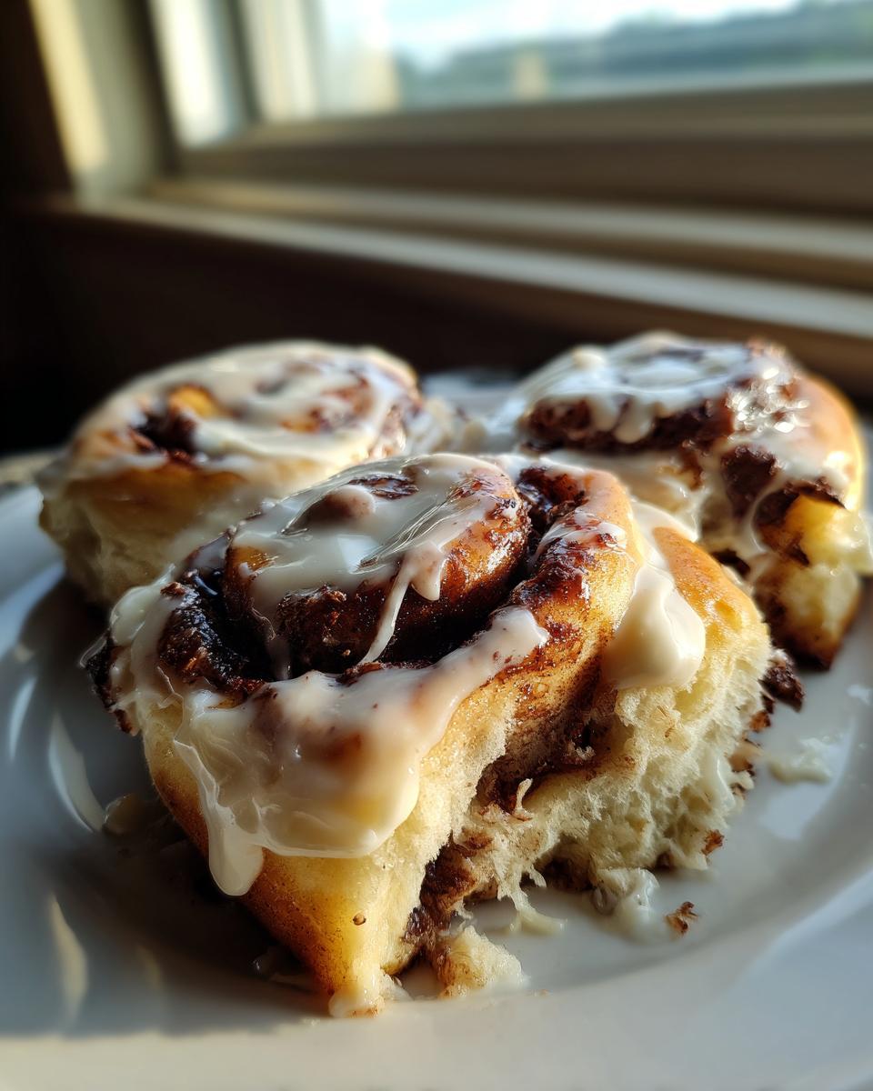 Close-up of three gooey chocolate cinnamon rolls topped with thick white icing, served on a white plate.