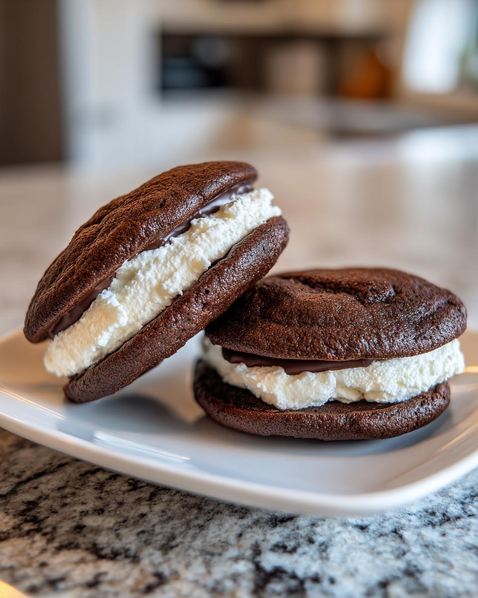 Two delicious chocolate whoopie pies filled with thick white cream frosting, resting on a white plate.