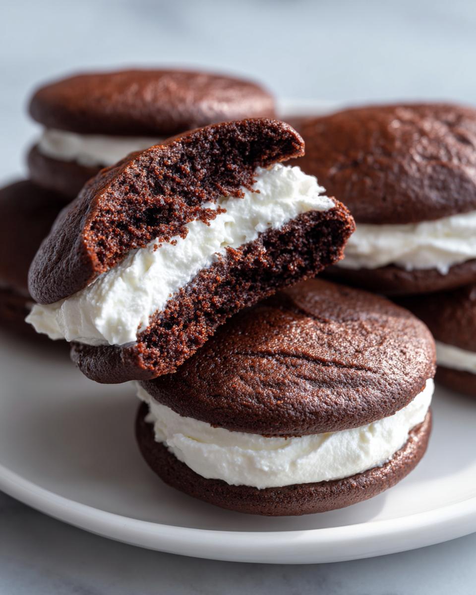 A stack of rich chocolate whoopie pies filled with thick white cream, one cut in half to show the texture.