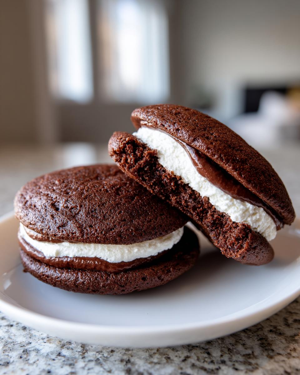 Two decadent chocolate whoopie pies stacked on a white plate, one cut open to show the fluffy white cream filling.