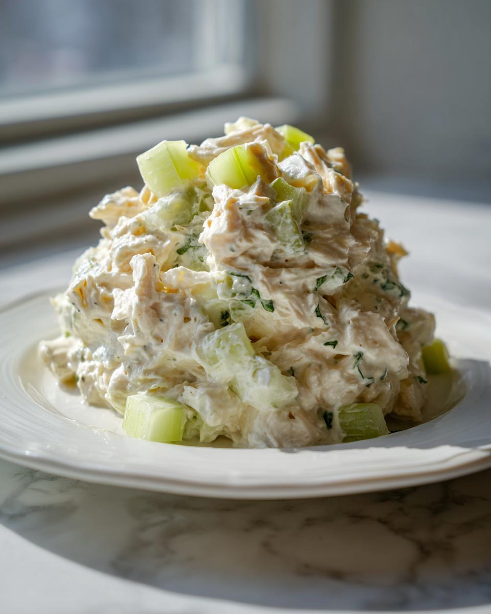 A mound of creamy chicken salad mixed with chopped celery served on a white plate.