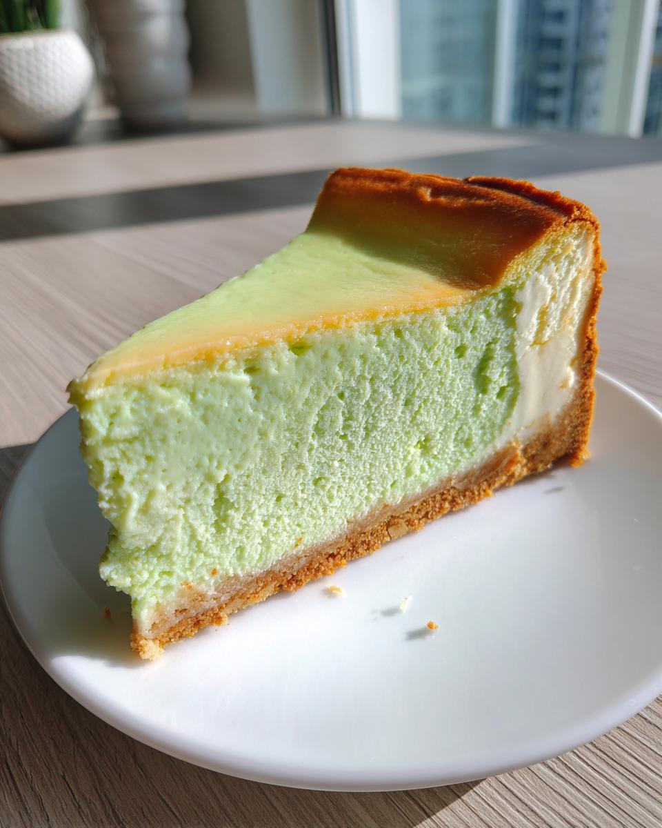 A perfect slice of creamy, pale green key lime cheesecake with a graham cracker crust, served on a white plate.