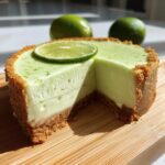 A close-up of a creamy key lime cheesecake with a slice removed, topped with a lime wheel.