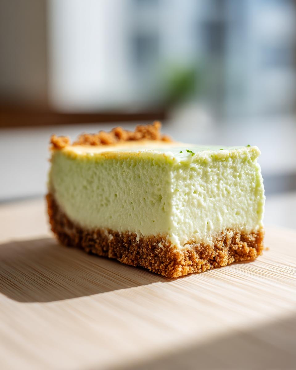 A single, thick slice of creamy, pale green key lime cheesecake with a graham cracker crust, resting on a wooden board.