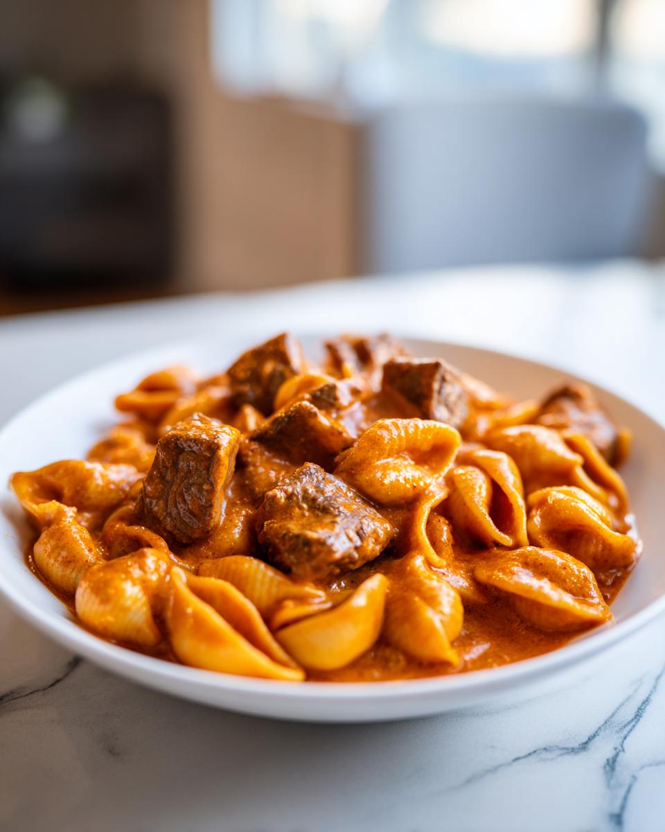 Close-up of a white bowl filled with creamy paprika steak and shells pasta dish.
