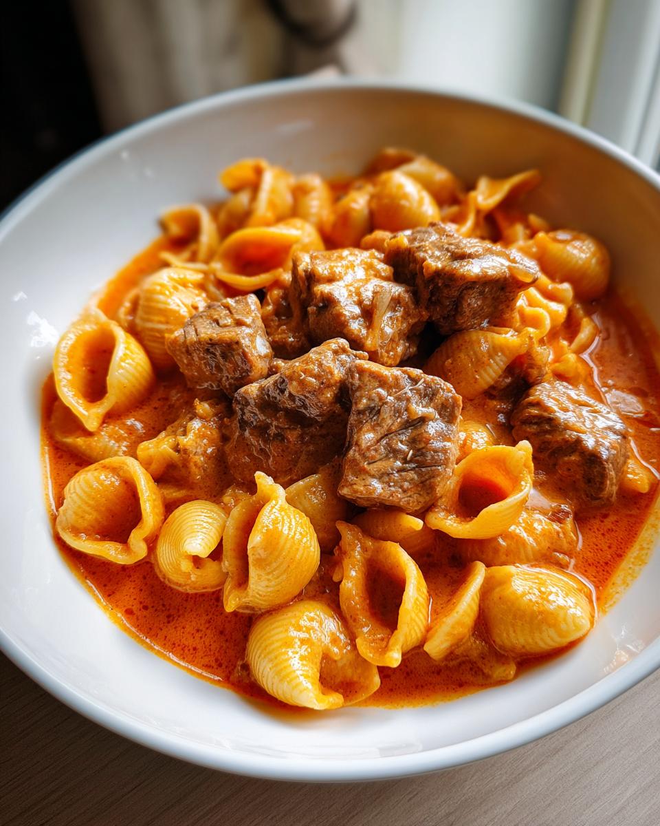 Close-up of a white bowl filled with creamy paprika steak and shells pasta, featuring chunks of beef in a rich orange sauce.