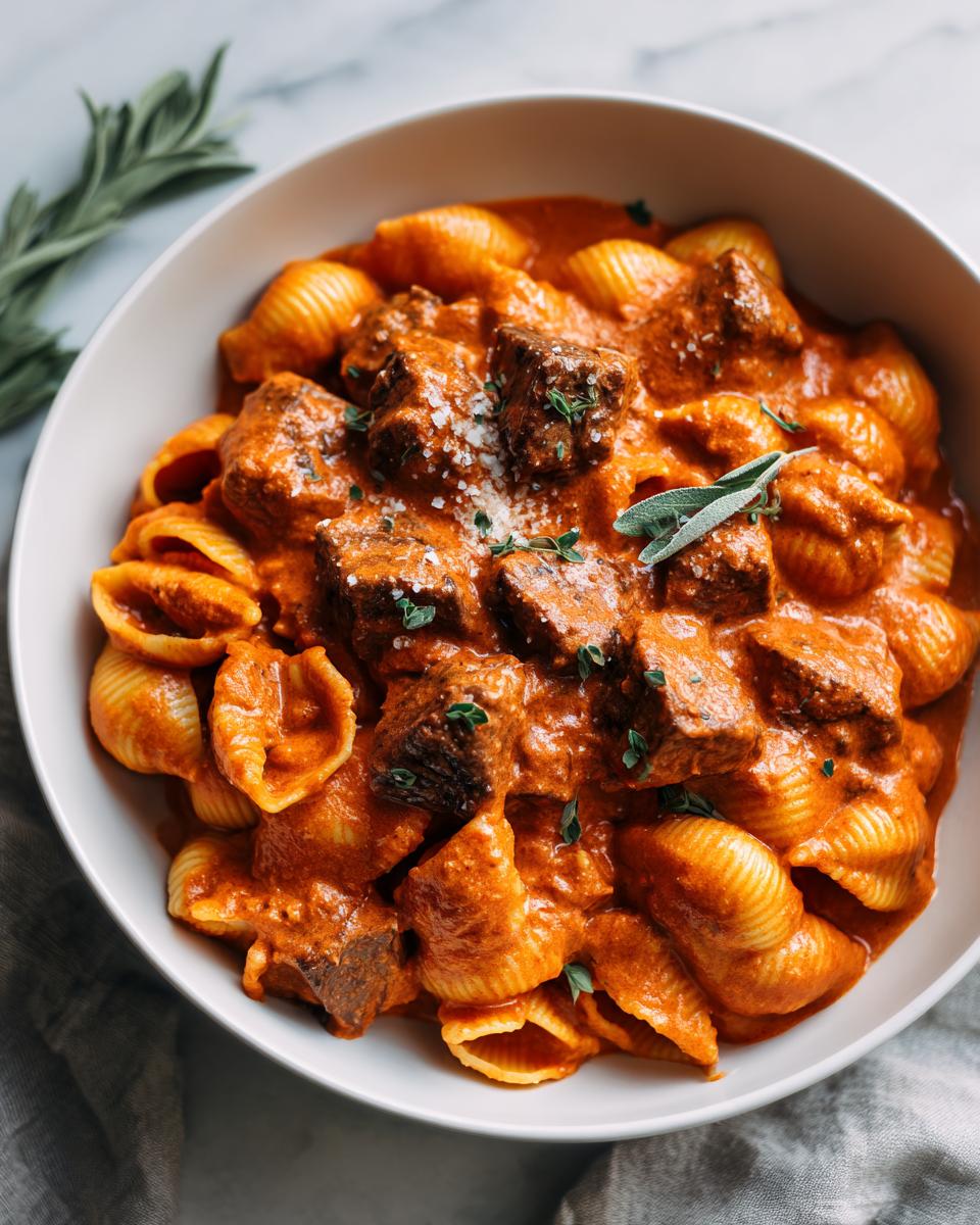 A close-up of creamy paprika steak and shells pasta, topped with fresh herbs and coarse salt.