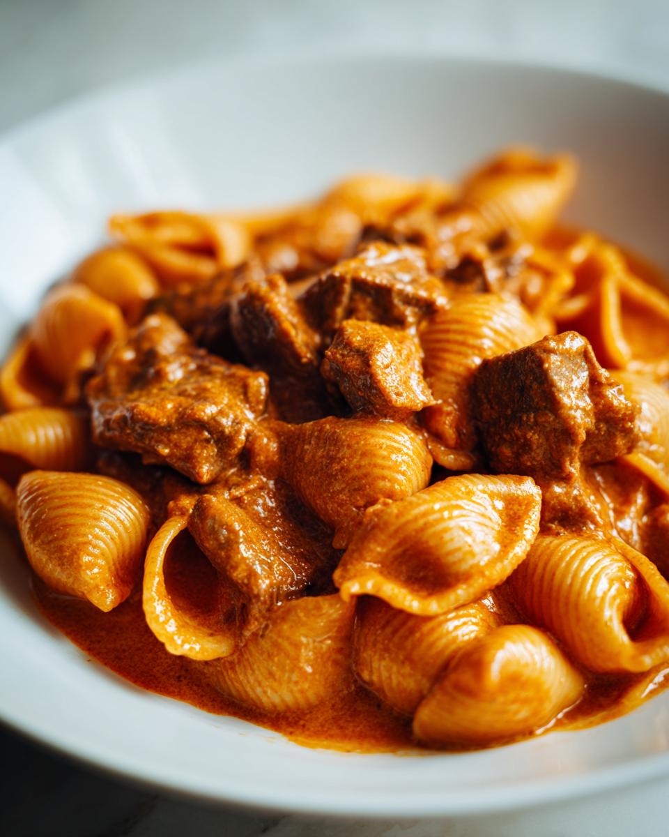 A close-up of a white bowl filled with creamy paprika steak and shells pasta, featuring large chunks of beef in a rich orange sauce.