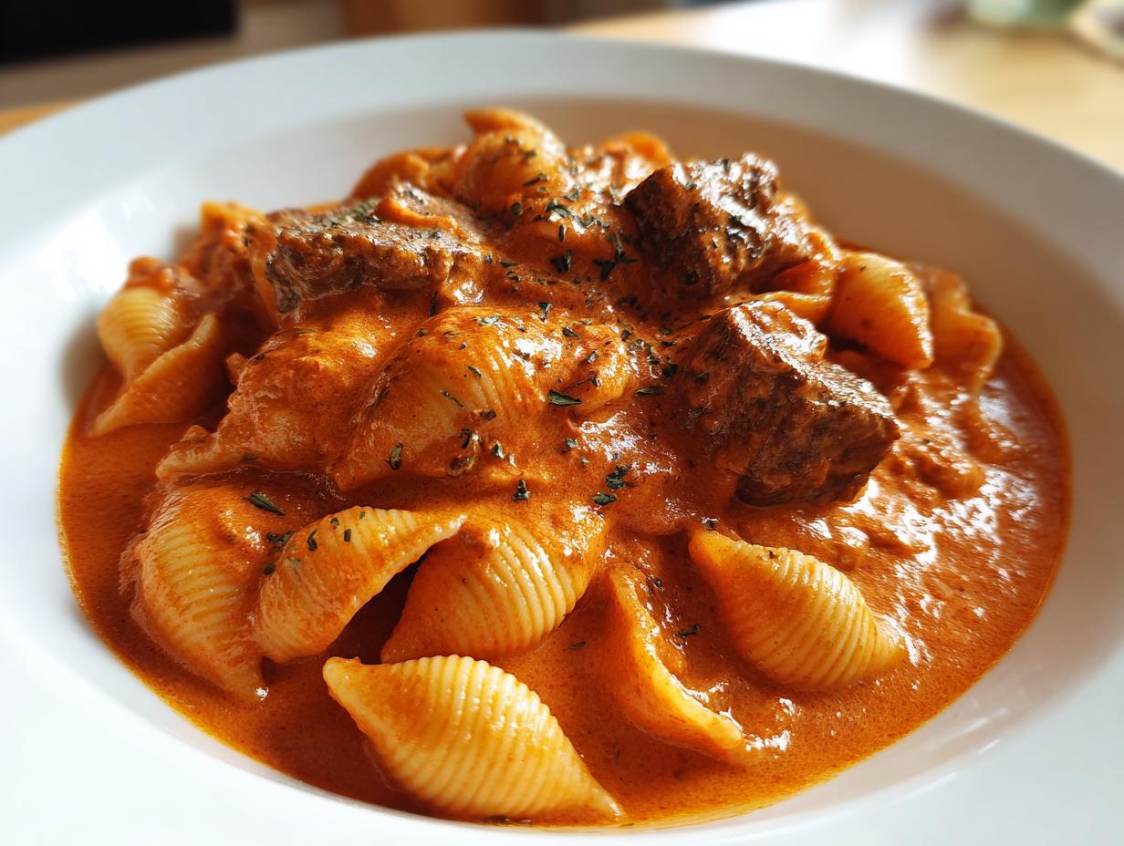 Close-up of creamy paprika steak and shells pasta dish served in a white bowl, garnished with herbs.