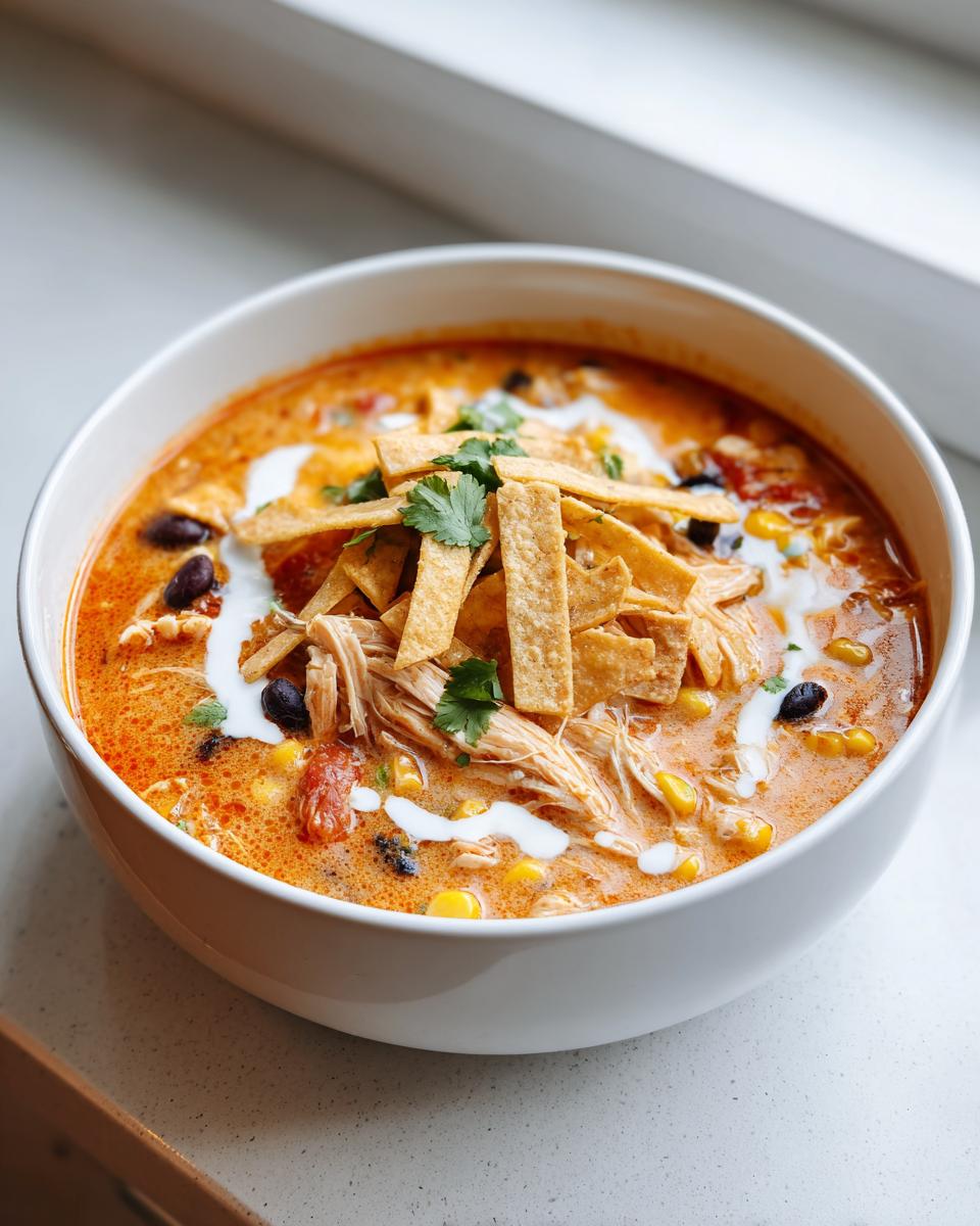 A close-up of a white bowl filled with creamy tortilla soup, topped with shredded chicken, black beans, corn, cream, and crispy tortilla strips.