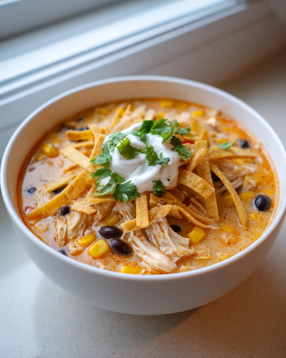 A close-up of a bowl of creamy tortilla soup topped with shredded chicken, black beans, corn, crispy tortilla strips, sour cream, and cilantro.
