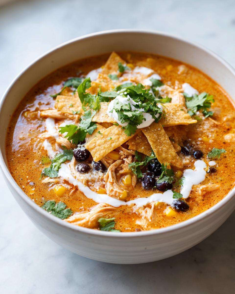 A close-up of a bowl of creamy tortilla soup topped with crispy tortilla strips, black beans, cilantro, and sour cream.