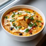 Close-up of a bowl of creamy tortilla soup, topped with shredded chicken, black beans, corn, sour cream, and crispy tortilla strips.