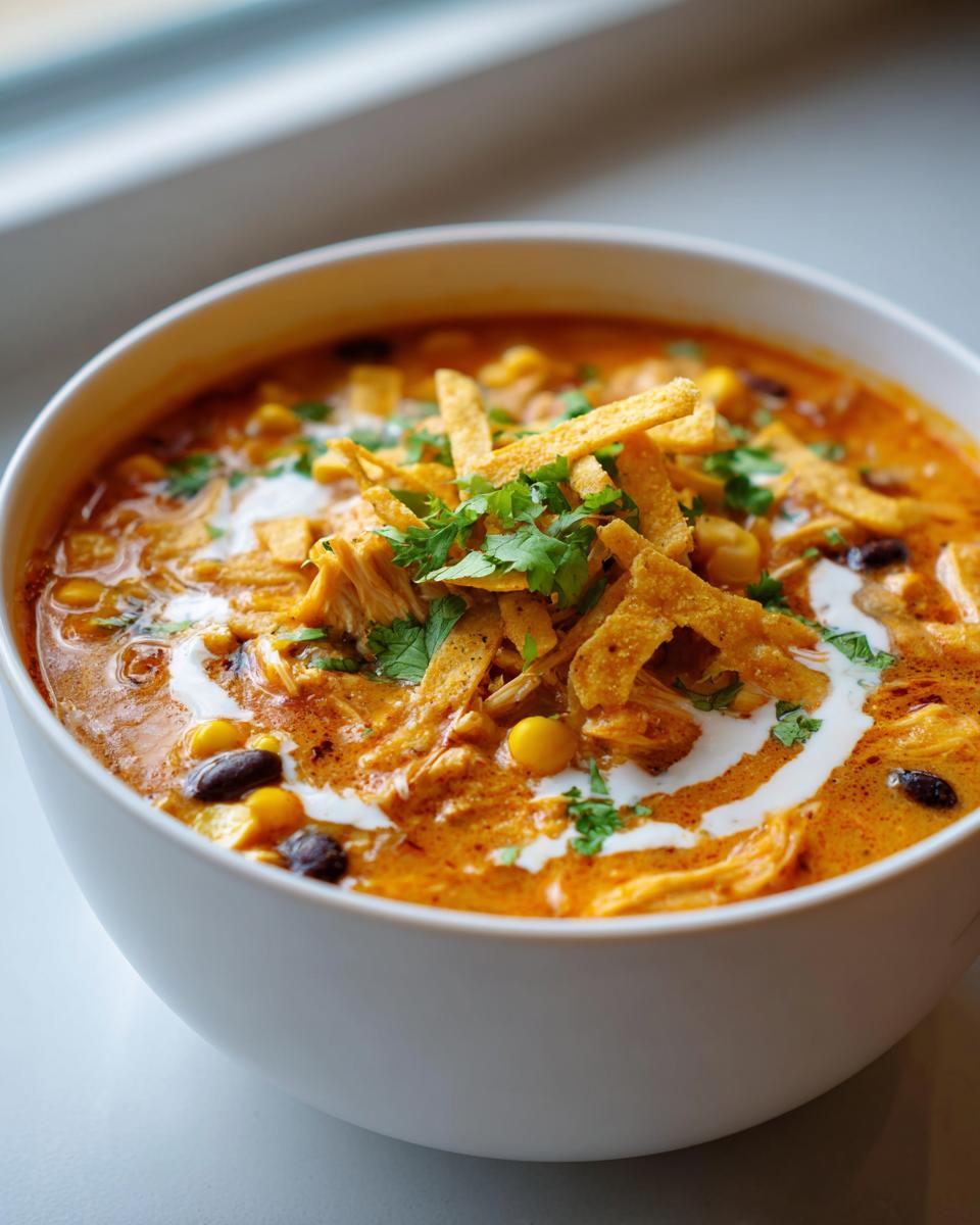 Close-up of a bowl of creamy tortilla soup, featuring chicken, corn, black beans, and topped with tortilla strips and sour cream.