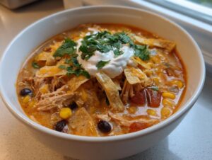 A close-up of a bowl of creamy tortilla soup, featuring shredded chicken, black beans, corn, and topped with sour cream, cheese, and fresh cilantro.