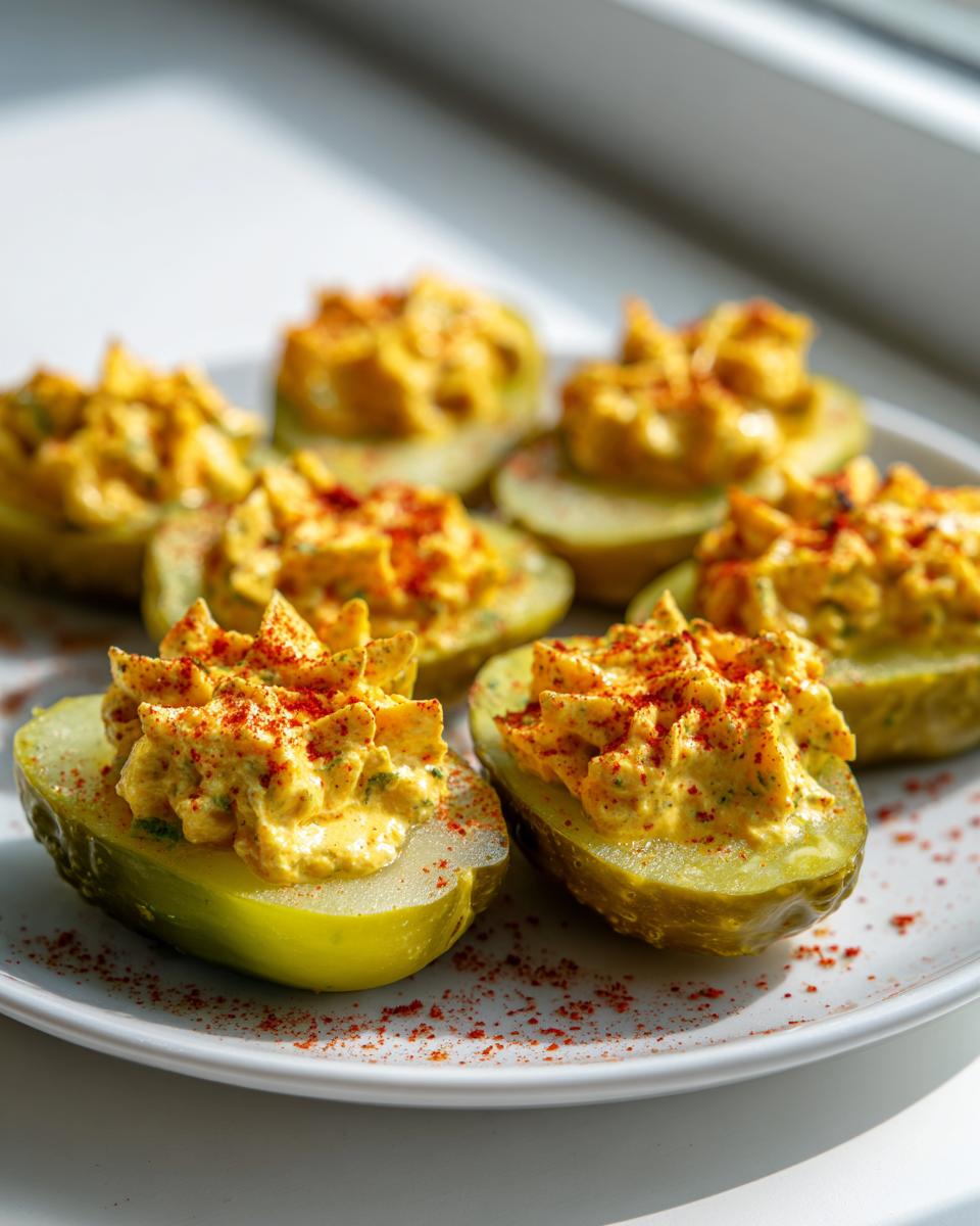 A plate of homemade deviled pickles, halved and filled with a creamy yellow mixture, sprinkled with paprika.