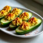 Close-up of deviled pickles filling piped into hollowed-out cucumber halves, sprinkled with paprika.