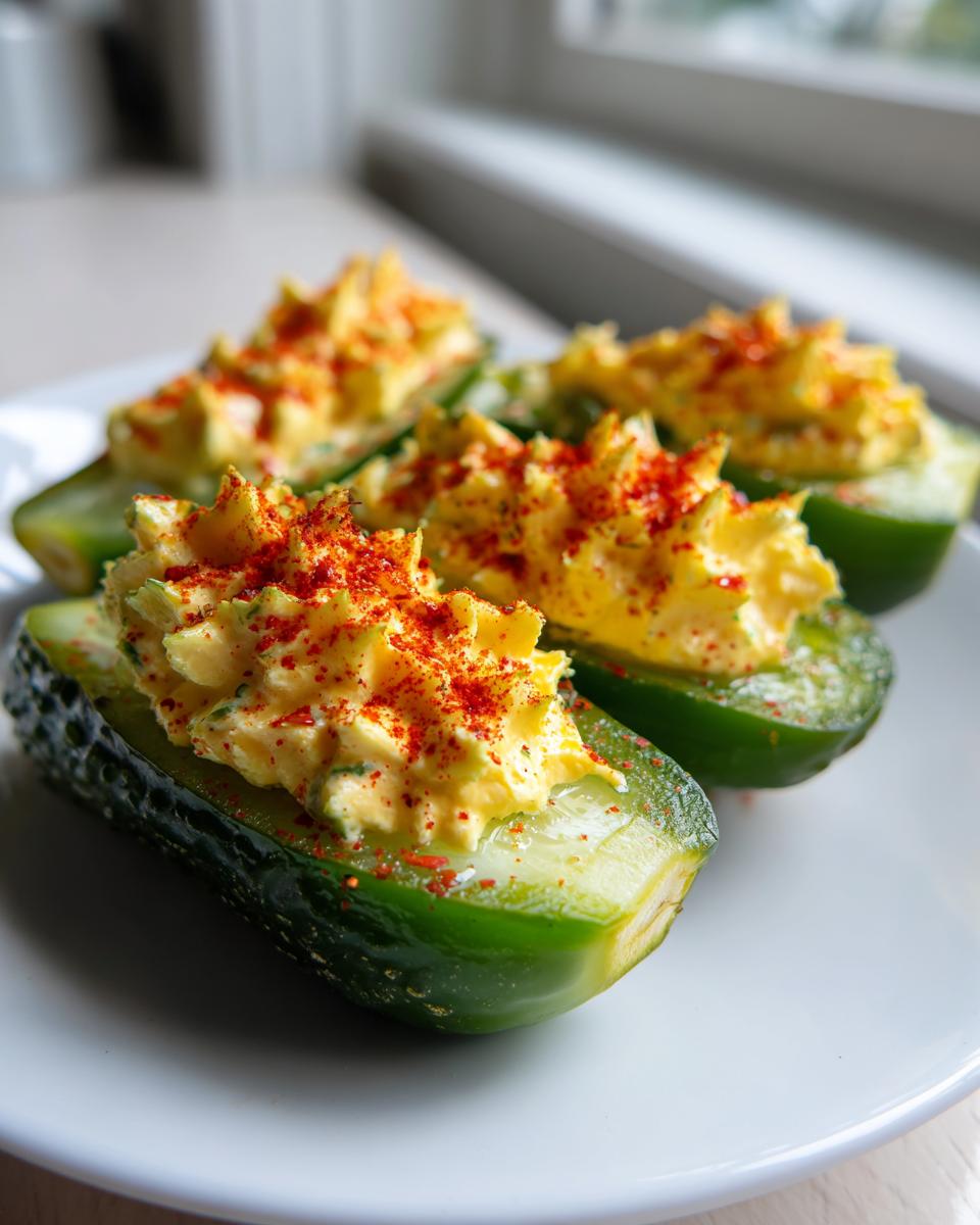 Four halves of bright green pickles filled with creamy yellow deviled pickles mixture and sprinkled with red paprika.
