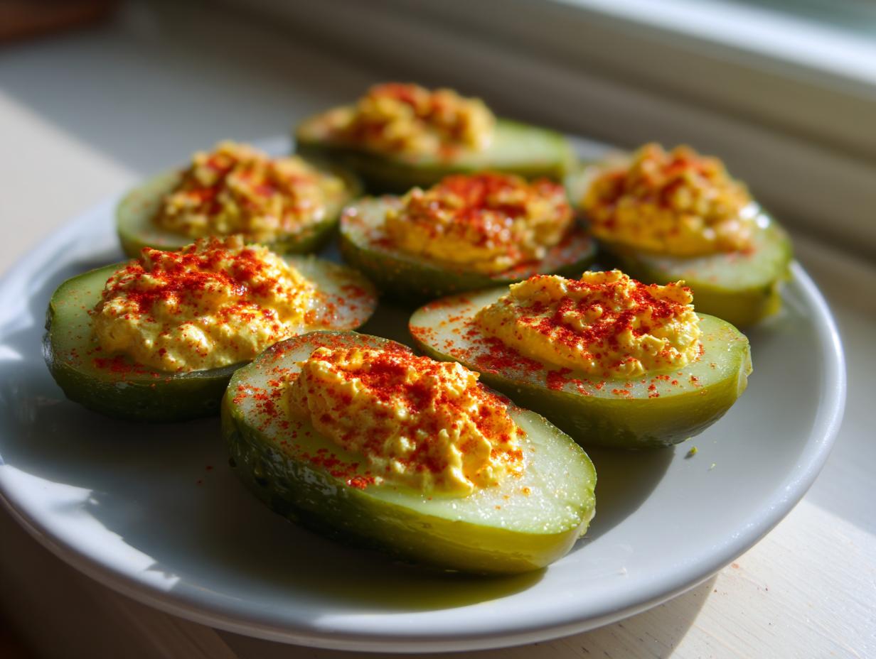 Six halves of deviled pickles, filled with yellow mixture and sprinkled with paprika, served on a white plate.
