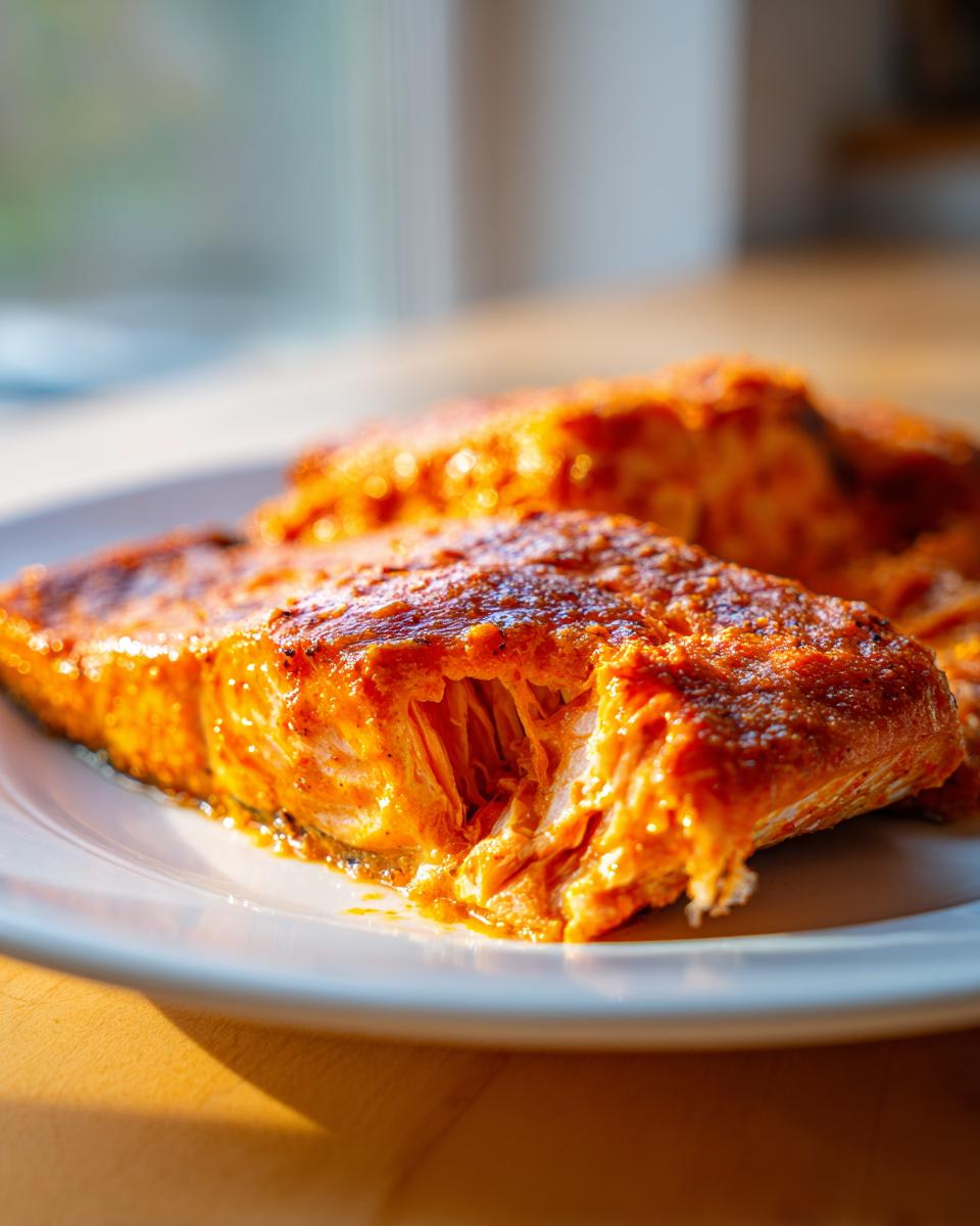 Close-up of a flaky, orange-glazed Bang Bang Salmon fillet served on a white plate.