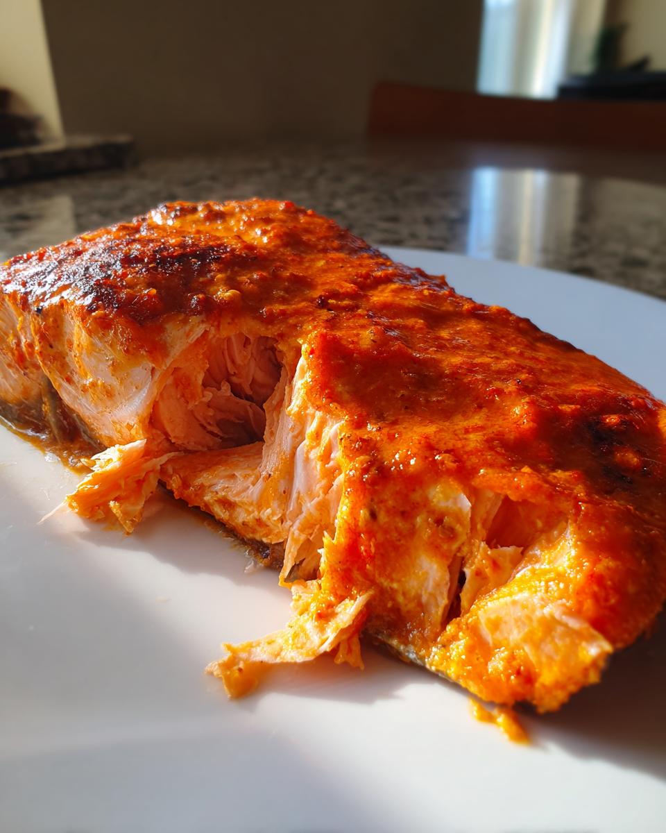 Close-up of a perfectly cooked fillet of Bang Bang Salmon, showing flaky texture and vibrant orange spicy sauce.
