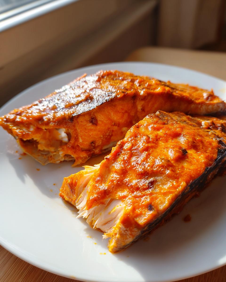 Two pieces of cooked bang bang salmon covered in a vibrant orange sauce, resting on a white plate.