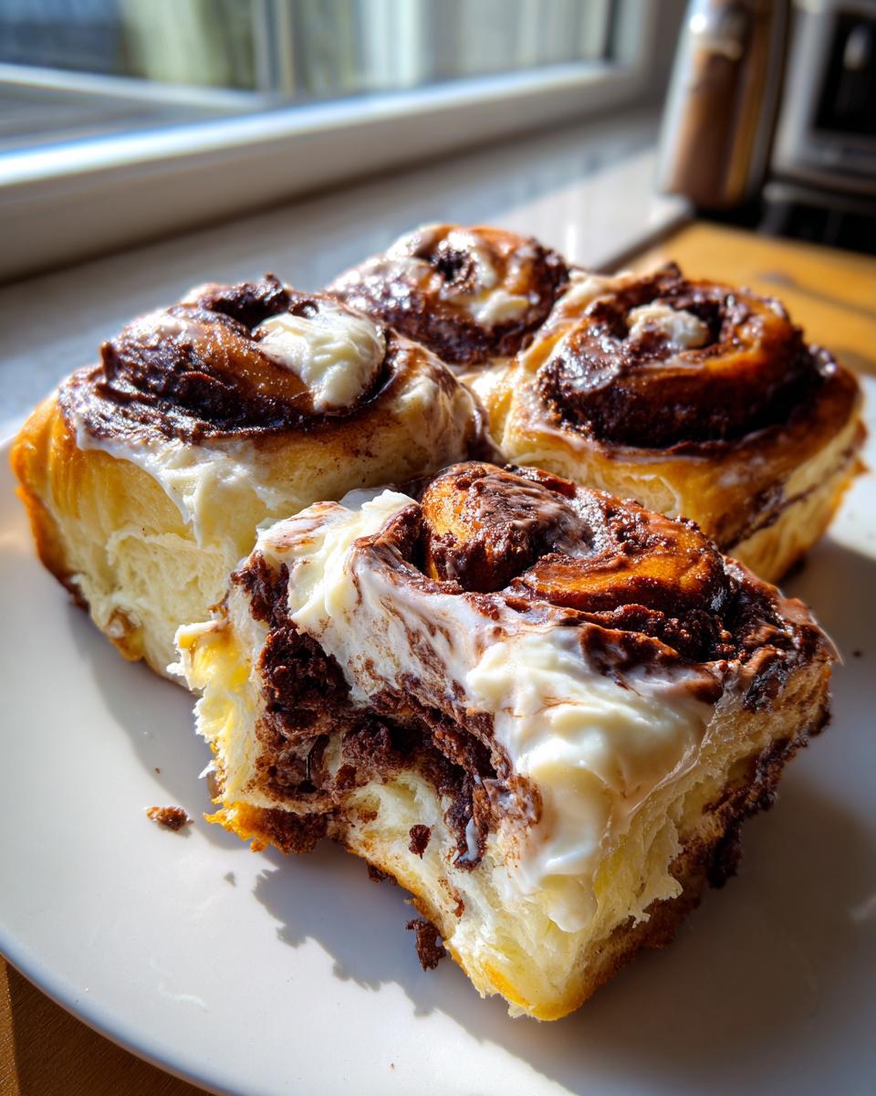 A close-up of three gooey chocolate cinnamon rolls topped with cream cheese icing, one having a bite taken out.