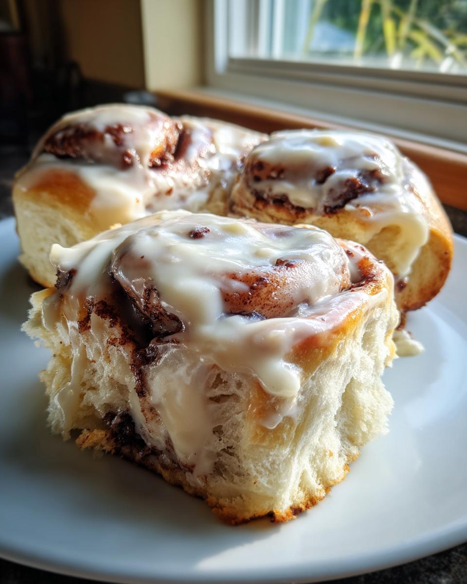 Close-up of fluffy chocolate cinnamon rolls covered in thick white icing, sitting on a white plate near a window.