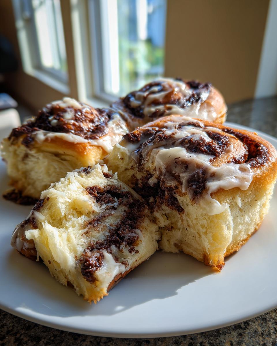 Close-up of fluffy chocolate cinnamon rolls drizzled with white icing, one roll pulled apart showing the soft interior.