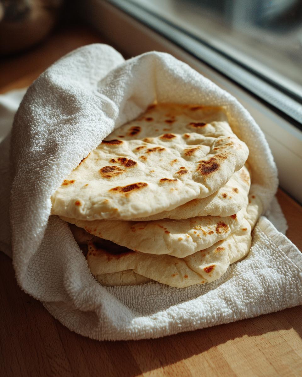 A stack of warm, freshly cooked greek pita bread wrapped in a white towel on a wooden surface.