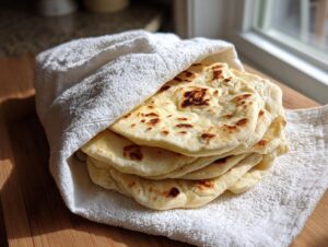 A stack of freshly cooked greek pita bread wrapped partially in a white towel, showing browned spots.