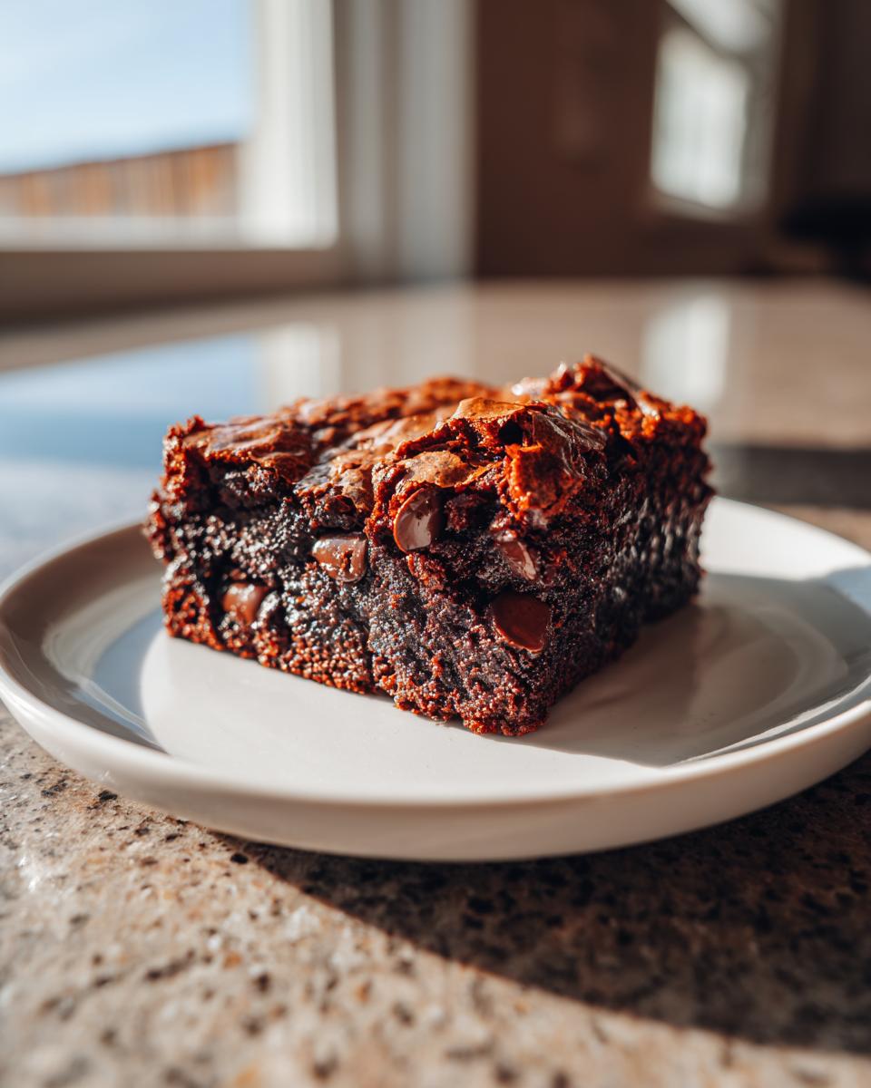 A close-up of a rich, fudgy square of zucchini brownies studded with chocolate chips on a white plate.