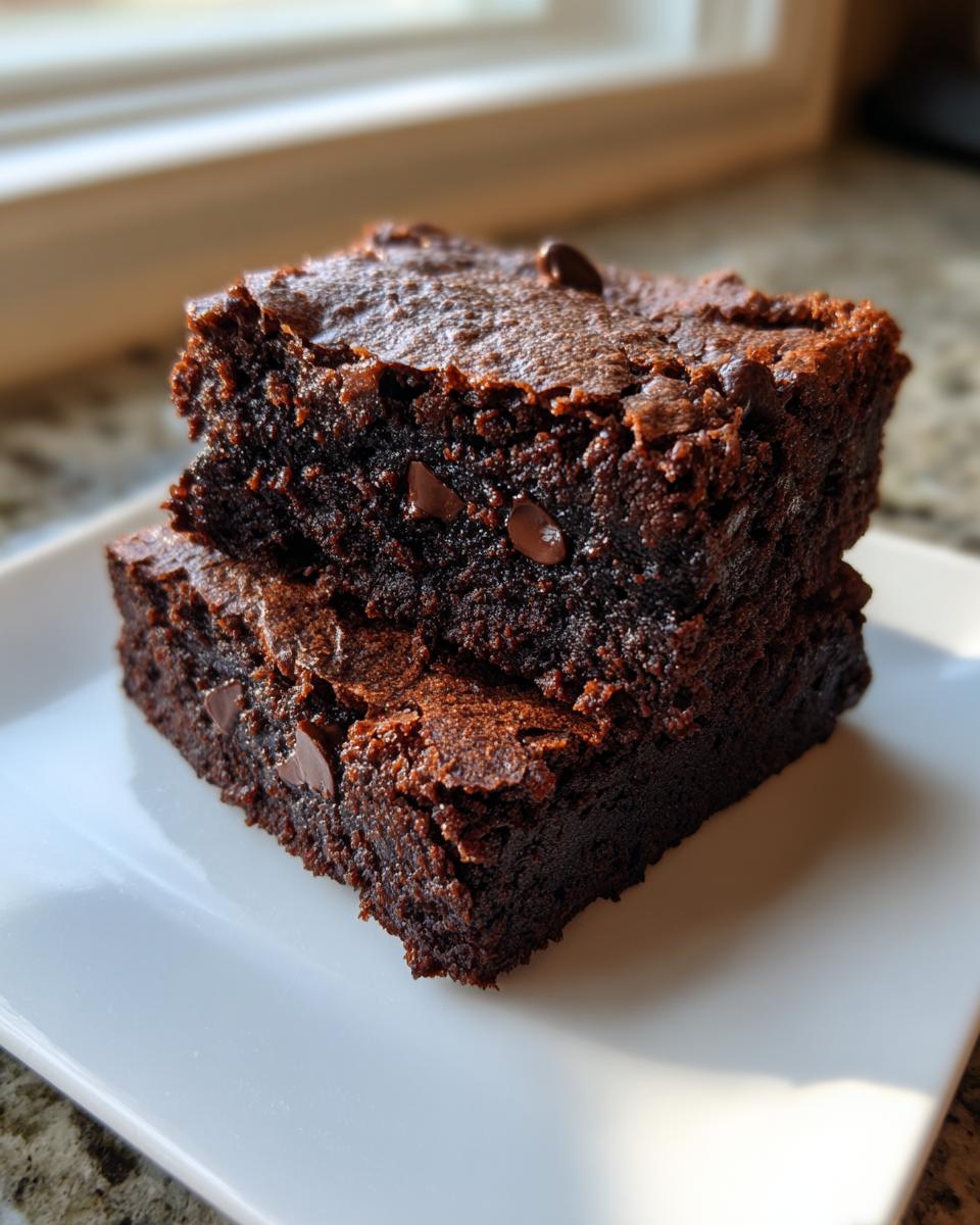 Two stacked, rich, dark chocolate zucchini brownies with visible chocolate chips on a white plate.