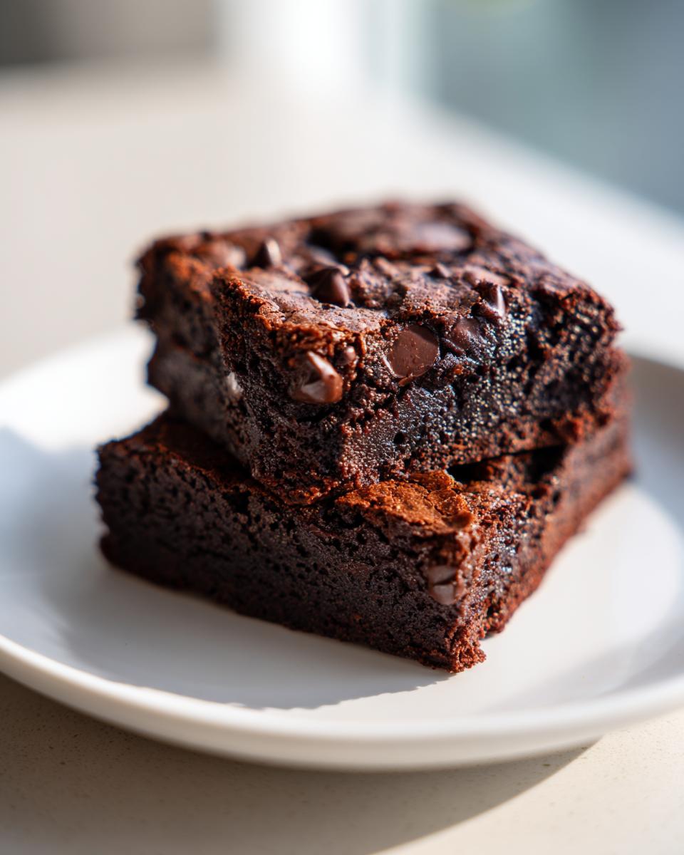 Two rich, fudgy zucchini brownies stacked on a white plate, topped with melted chocolate chips.